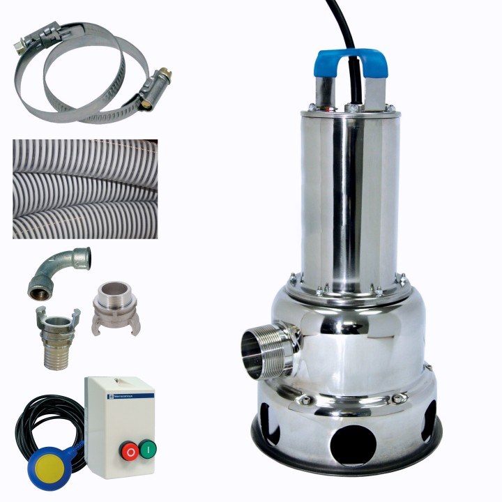 Pompe de relevage 1,45KW Triph Eaux chargées roue vortex + Kit accessoires